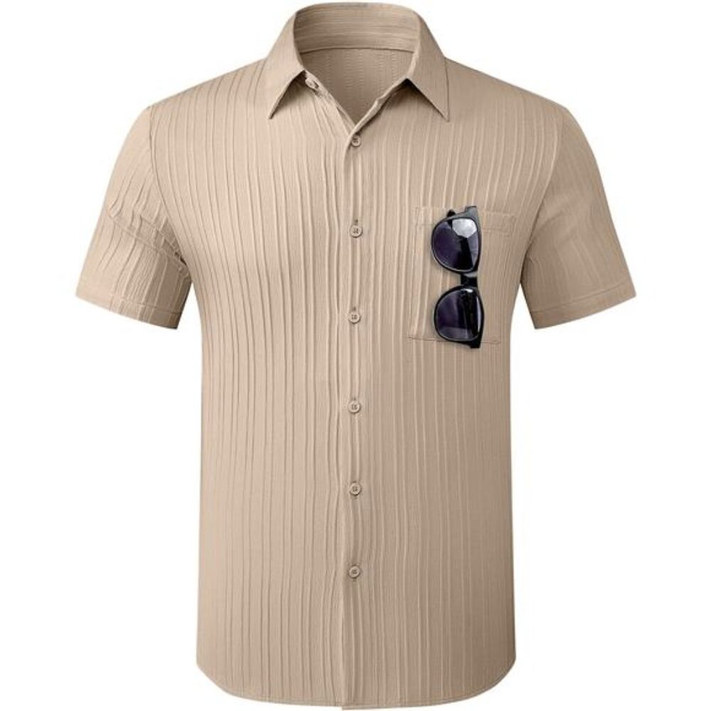 Men Button Down Short Sleeve Shirts Khaki - Picture 6 of 7